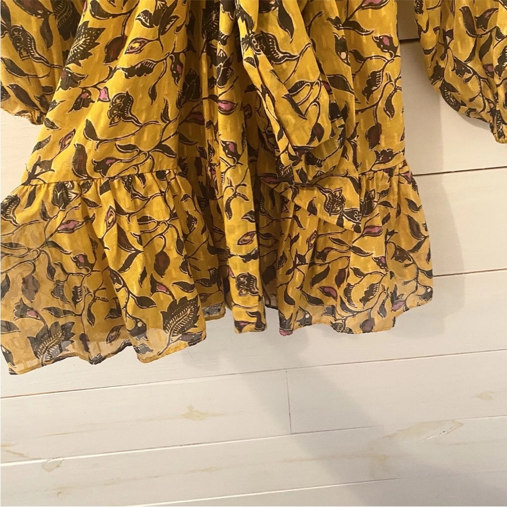 Ulla Johnson Maita Yellow Floral Ruffle Long Sleeve Silk Mini Dress - Size 2. - Picture 9 of 9